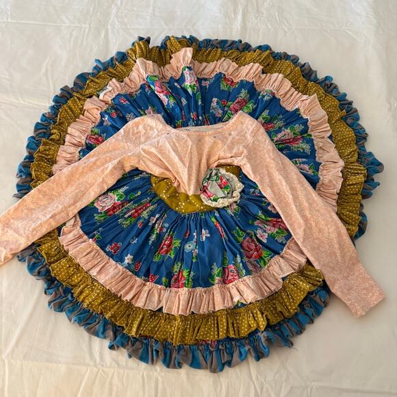 Mustard Pie Little Girls Size 4T Circle Twirly Dress Ruffles Floral Pink Blue - Picture 4 of 7
